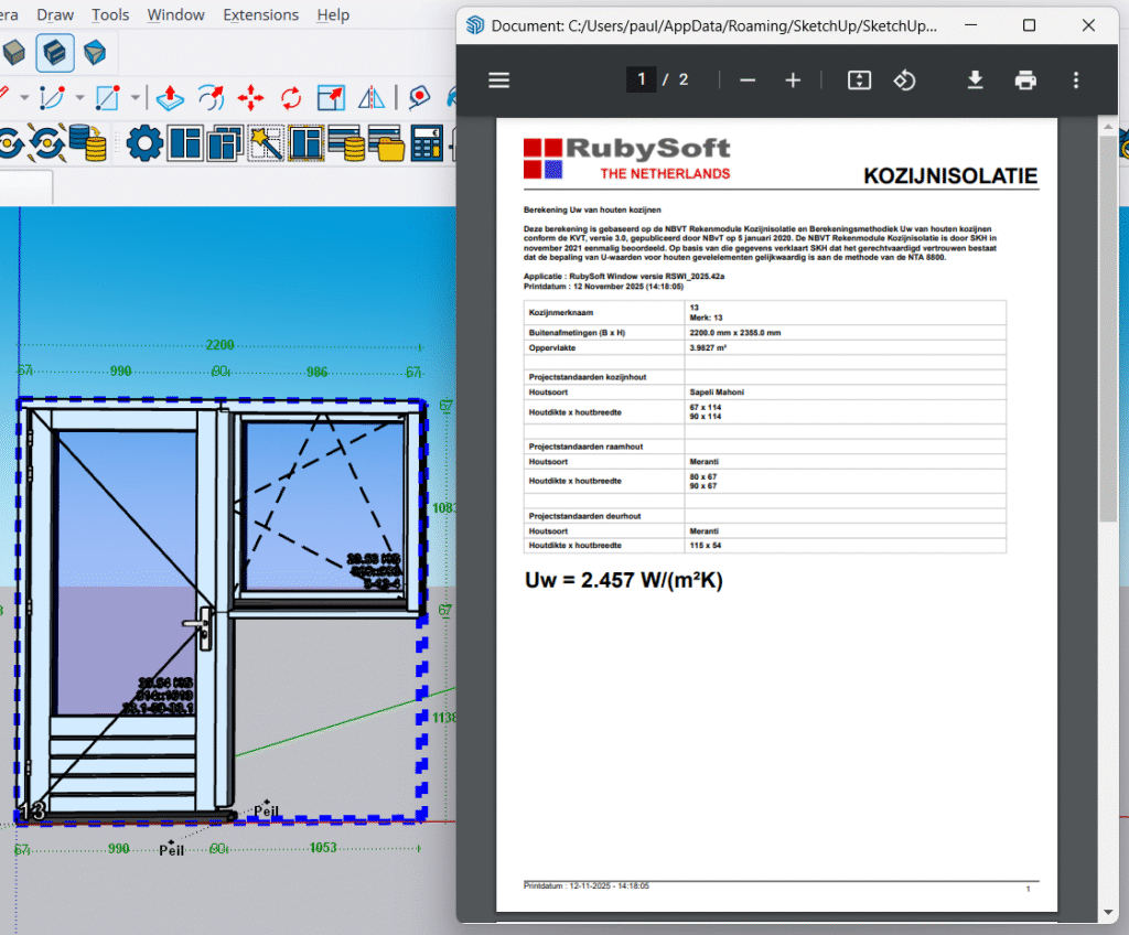 Voorbeeld scherm UW waarde berekening